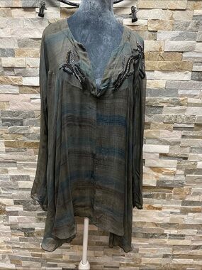 Saivana Olive and Blue-Green Sheer Beaded V-Neck Tunic